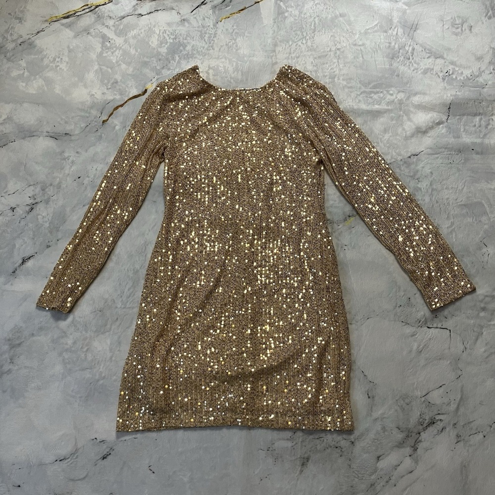 Wayf Dress Womens Size Small Gold Champagne Sequin Backless Mini Long Sleeve